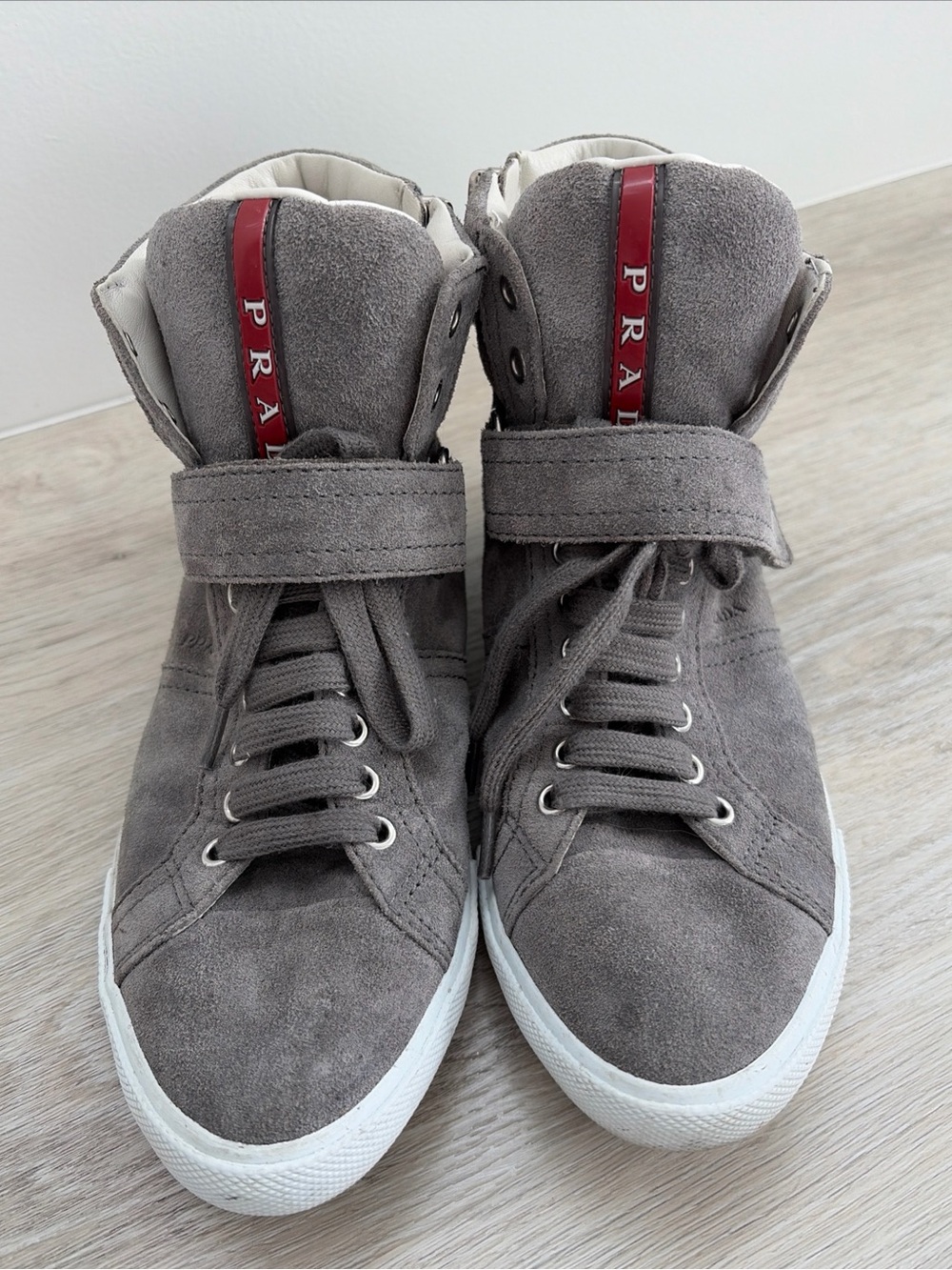 Prada Women’s 6 EU 36 Gray Suede High Top Sneakers Athletic Shoes Designer